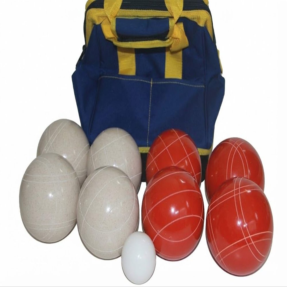 BuyBocceBalls Listing - Made in USA, Premium Quality Tournament Bocce Set - 110mm White and Dark Orange Balls, Nylon Blue/Yellow Bag, 998 Grams (2 lbs. 3.2 oz.).