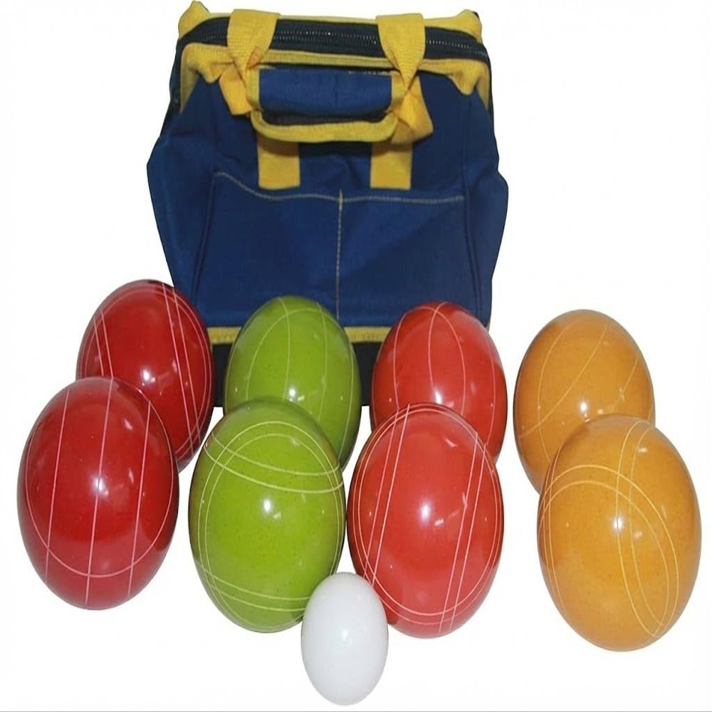 BuyBocceBalls Listing - Made in USA, Premium Quality Tournament Bocce Set - 110mm, 998 Grams (2 lbs. 3.2 oz.) - Rustic Yellow/Orange/Red/Greenballs and Blue/Yellow Bag