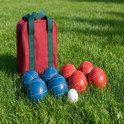 BuyBocceBalls Listing - Made in USA, Premium Quality Tournament Bocce Set - 110mm Blue and Red Balls, Nylon Bag, 998 Grams (2 lbs. 3.2 oz.). Various Bag Colors