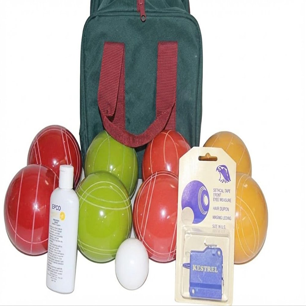 BuyBocceBalls Listing - Premium Quality andMade in USA, 110mm EPCO Bocce Set - Rustic Yellow/Orange/Red/Greenballs, Ball Polish, Kestrel Measuring Device and Green/Maroon Bag