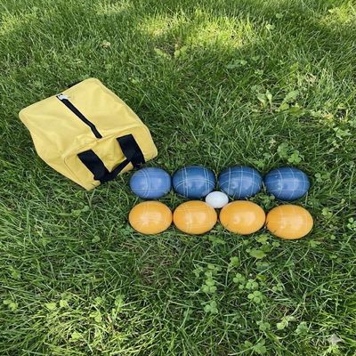BuyBocceBalls Listing - Made in USA, Premium Quality Tournament Bocce Set - 110mm Blue and Yellow Balls, Nylon Black Bag, 998 Grams (2 lbs. 3.2 oz.). Various Bag Colors