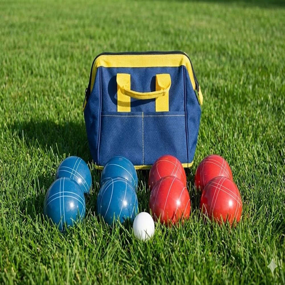 BuyBocceBalls Listing - Made in USA, Premium Quality Tournament Bocce Set - 110mm Blue and Dark Orange Balls, Nylon Blue/Yellow Bag, 998 Grams (2 lbs. 3.2 oz.).