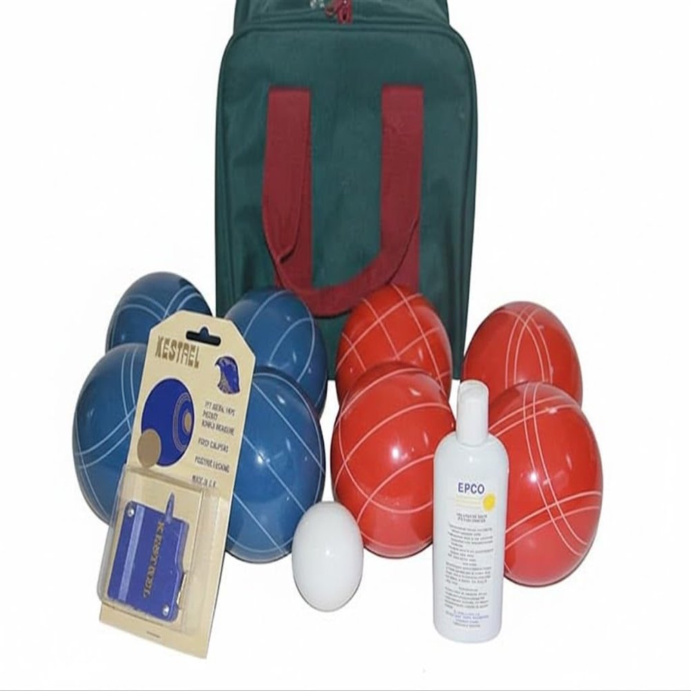 BuyBocceBalls Listing - Made in USA, Premium Quality Tournament Bocce Set - 110mm Rustic Blue/Orange Balls, Ball Polish, Kestrel Measuring Device and Green/Maroon Bag