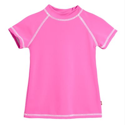Made in USA Short Sleeve Baby Girls' Rashguard Swimming Suit Swim Tshirt Tee UPF50+ Sun Protection for Beach Pool Summer Fun, SS Medium Pink/White, 9-12m