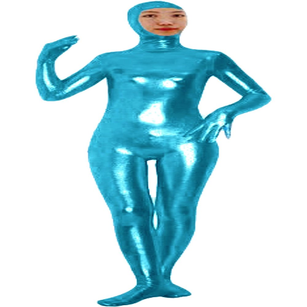 VSVO Shiny Spandex Open Face Full Bodysuit Zentai Suit for Adults and Children (Large, Sky Blue)
