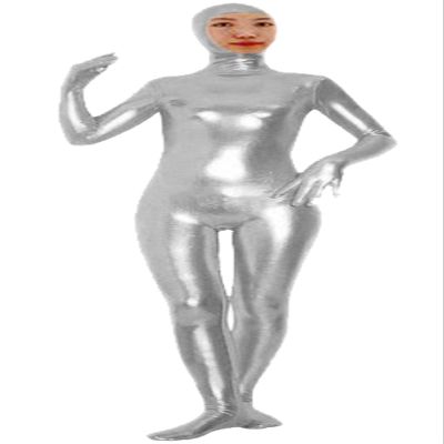 VSVO Shiny Spandex Open Face Full Bodysuit Zentai Suit for Adults and Children (Medium, Silver)
