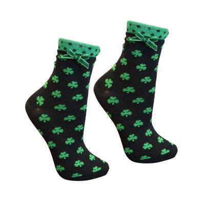 Ladies Black Socks With Green Shamrock Print, White Trim & Green Ribbon