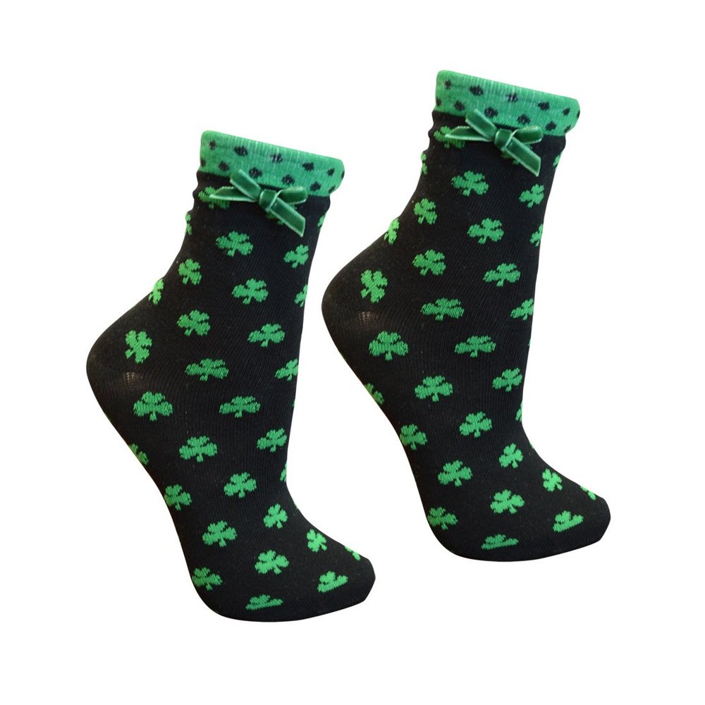 Ladies Black Socks With Green Shamrock Print, White Trim & Green Ribbon