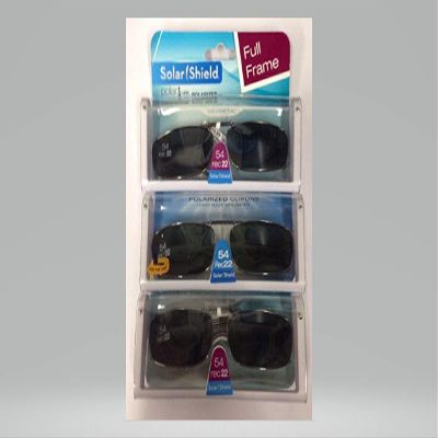 3 SOLAR SHIELD Clip-on Polarized Sunglasses 54 Rec 22 Scratch- Resistant Black Full Frame