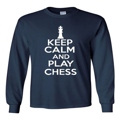 Long Sleeve Adult T-Shirt Keep Calm and Play Chess Board Game (Medium, Navy Blue)