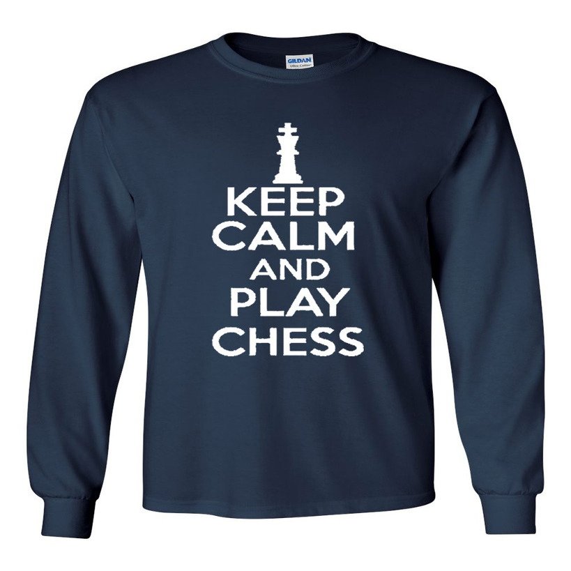 Long Sleeve Adult T-Shirt Keep Calm and Play Chess Board Game (Medium, Navy Blue)