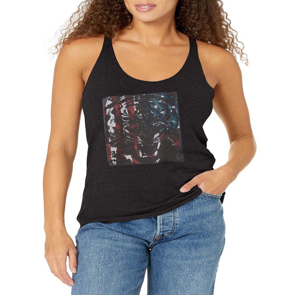 LOST GODS Women's Tiger Growl American Flag Racerback Tank Top - Black Heather - X Large