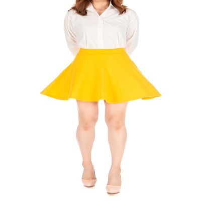 Basic Solid Stretchy Cotton High Waist A-line Flared Skater Mini Skirt (M, Yellow)