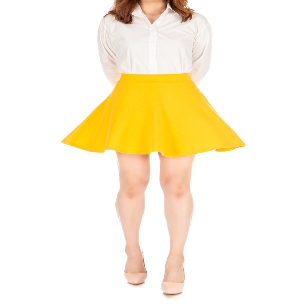 Basic Solid Stretchy Cotton High Waist A-line Flared Skater Mini Skirt (M, Yellow)