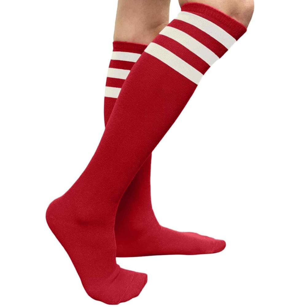 COUVER Striped Women's Cotton Knee High Tube Socks, Women Shoe Size 5-9, Red/White, 1 Pair