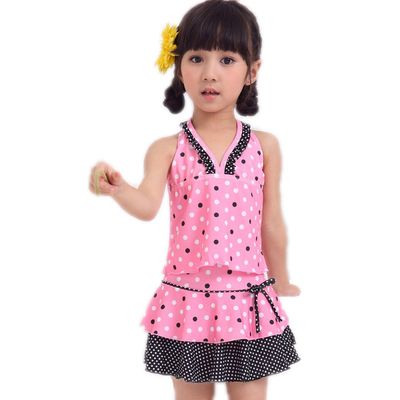 BIKMAN Two Piece Swimsuit Polka Dot Swim Dress Big Girls Halter Swimwear (12, Pink)