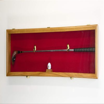 1 Golf Club Ball Putter Driver Iron Display Case Cabinet Rack w/98% UV (Oak Finish, Red Background)