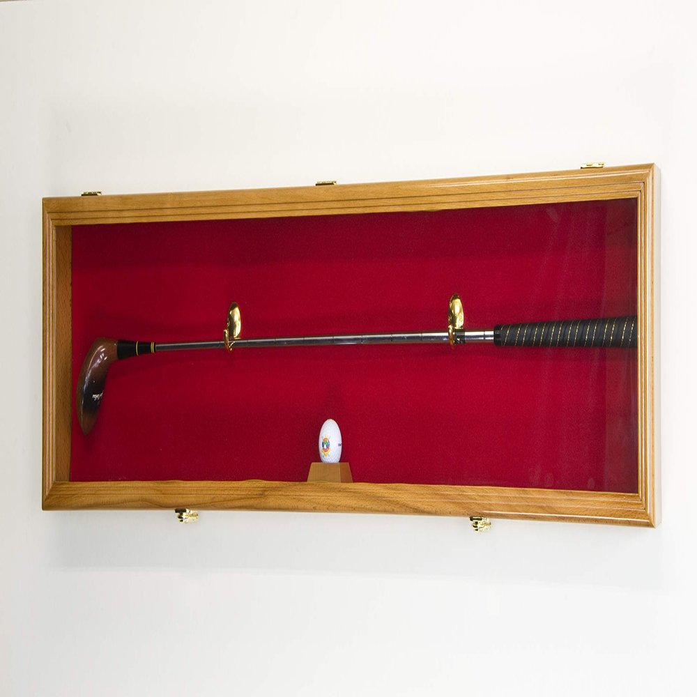 1 Golf Club Ball Putter Driver Iron Display Case Cabinet Rack w/98% UV (Oak Finish, Red Background)