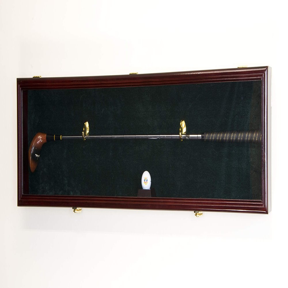 1 Golf Club Ball Putter Driver Iron Display Case Cabinet Rack w/98% UV (Cherry Finish, Green Background)