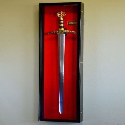 sfDisplay.com,LLC. Vertical Long Sword Display Case Cabinet Wall Rack Claymore Long Swords Medieval 54" (Black Finish, Red Background)