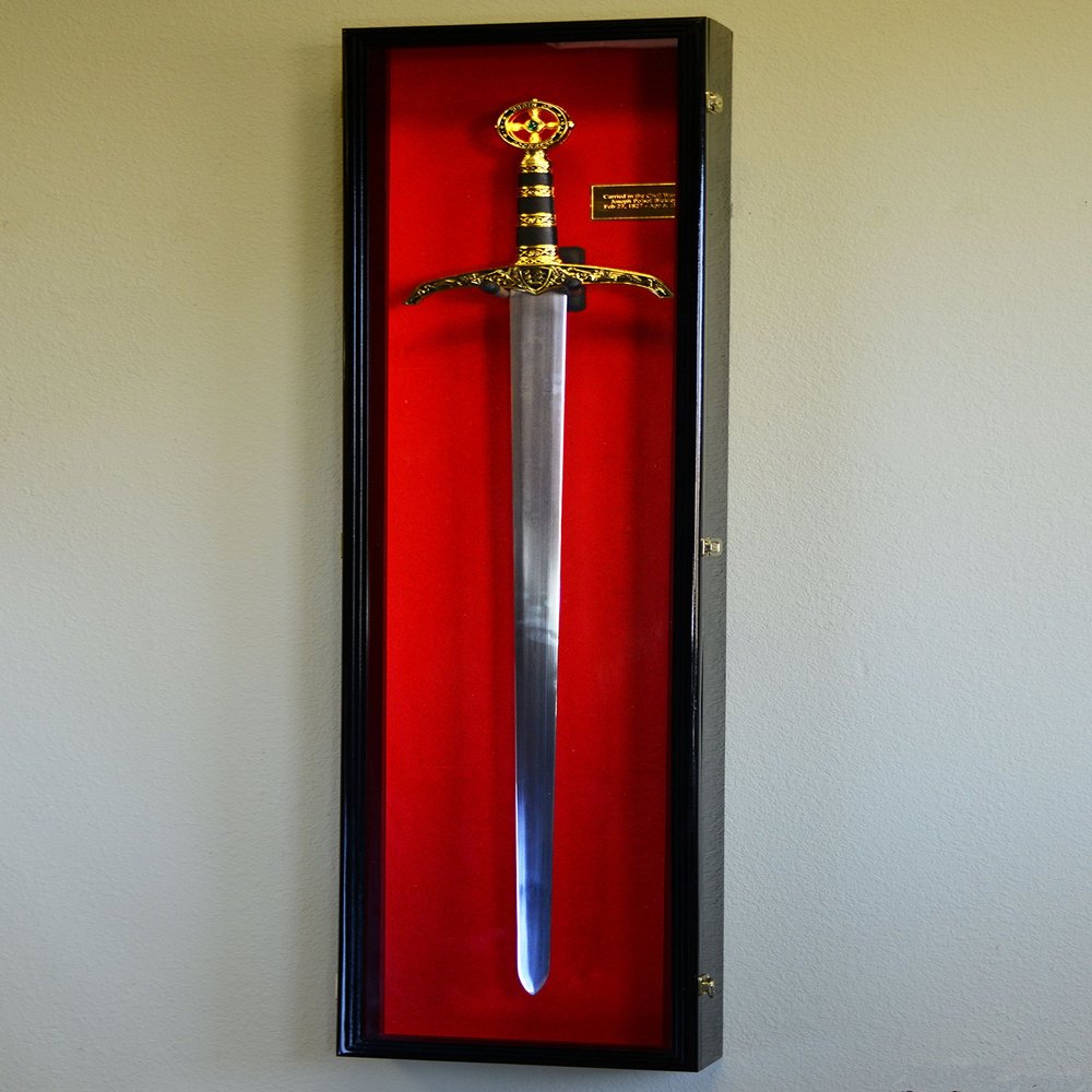 sfDisplay.com,LLC. Vertical Long Sword Display Case Cabinet Wall Rack Claymore Long Swords Medieval 54" (Black Finish, Red Background)