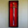 sfDisplay.com,LLC. Vertical Long Sword Display Case Cabinet Wall Rack Claymore Long Swords Medieval 54" (Black Finish, Red Background) view 1