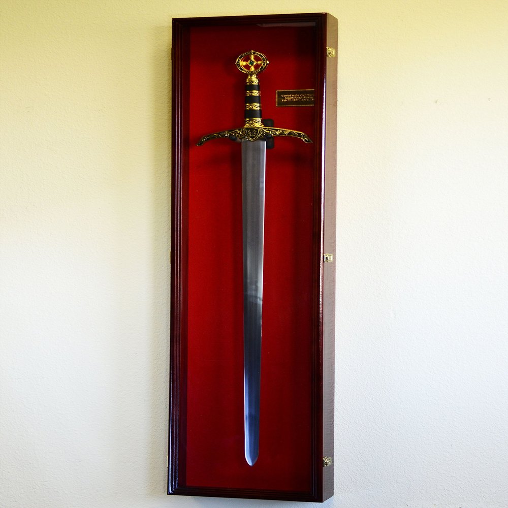Vertical Long Sword Display Case Cabinet Wall Rack Claymore Long Swords Medieval 54" (Cherry Finish, Black Background)
