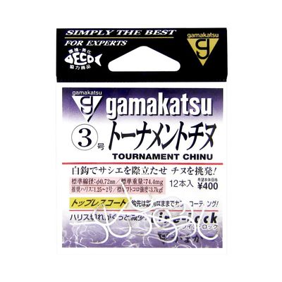 Gamakatsu 66019 Single Hook, Tournament, Chinu, No. 3, 12 Pieces, White
