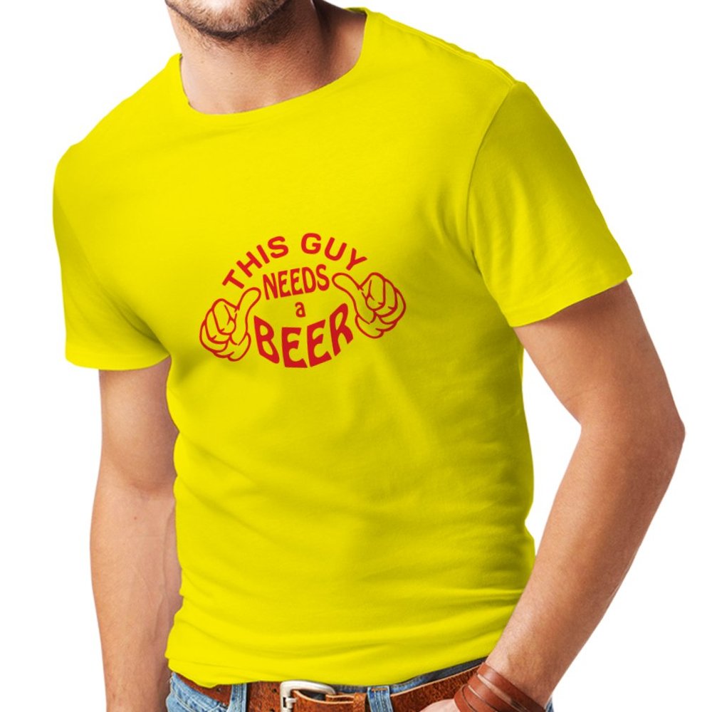 lepni.me Mens T-shirt This Guy needs a Beer Humor Gift Ideas for Beer Lovers (Small Yellow Red)