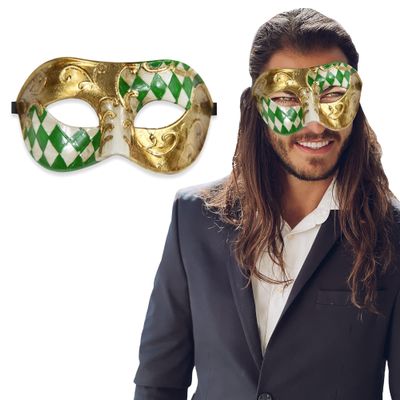 Masquerade Mask for Men Antique Look Mask for Halloween, Masquerade Balls, Mardi Gras, and Themed Parties Perfect for Formal Events & Costume Celebrations (Green Gold Half Checkered)