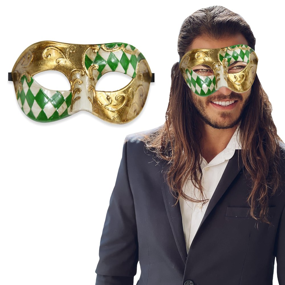 Masquerade Mask for Men Antique Look Mask for Halloween, Masquerade Balls, Mardi Gras, and Themed Parties Perfect for Formal Events & Costume Celebrations (Green Gold Half Checkered)