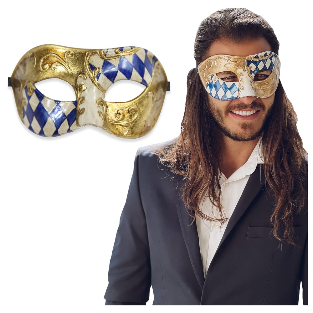 Masquerade Mask For Men - Antique Look Mask for Venetian Party, Masquerade Party, Mardi Gras, Prom, Halloween & Masquerade Ball - Blue/Gold (Half - Checkered)