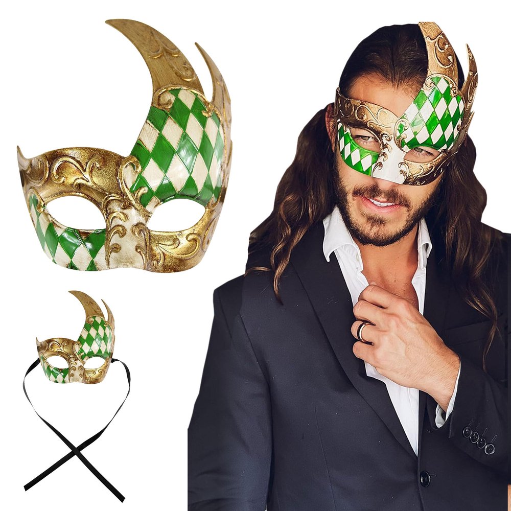 Green Gold Masquerade Mask for Men Musical Checkered Vintage Design Mask for Mardi Gras, Prom and Masquerade Party