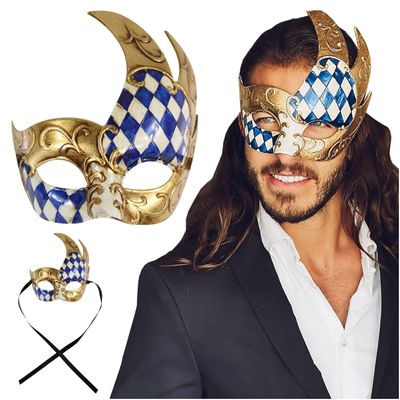 Luxury Mask Masquerade Mask for Men Musical Checkered Vintage Design Mask for Mardi Gras, Prom and Masquerade Party - Blue/Gold (Checkered)
