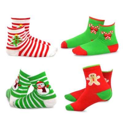 Christmas Holiday Novelty Little Kids Boys Girls Crew Socks 4-Pair (9-10 Years, Stripe Tree Snowman Candy Cane)