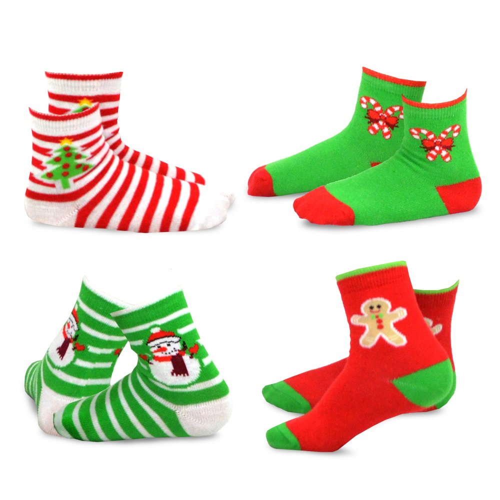 Christmas Holiday Novelty Little Kids Boys Girls Crew Socks 4-Pair (9-10 Years, Stripe Tree Snowman Candy Cane)