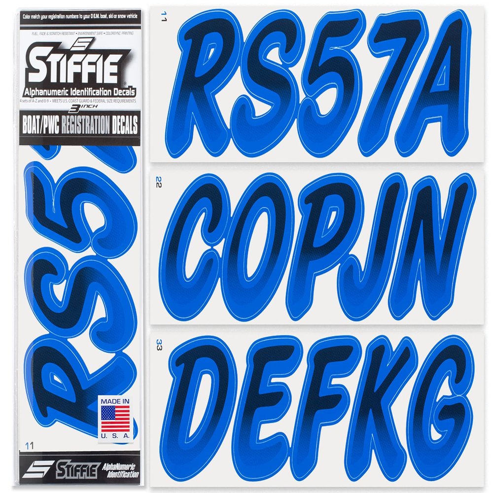 STIFFIE Whipline Black/Blue 3" Boat & PWC Registration Decals Numbers Letters Stickers
