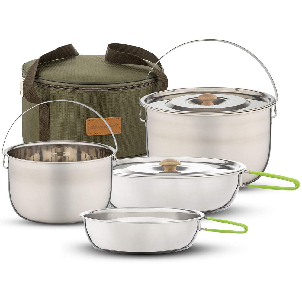 Camping Cookware Set - Compact Stainless Steel Campfire Cooking Pots and Pans | Combo Kit with Travel Tote Bag | Rugged Outdoor Cook Set for Hiking (4 Piece Pot & Pan Set)