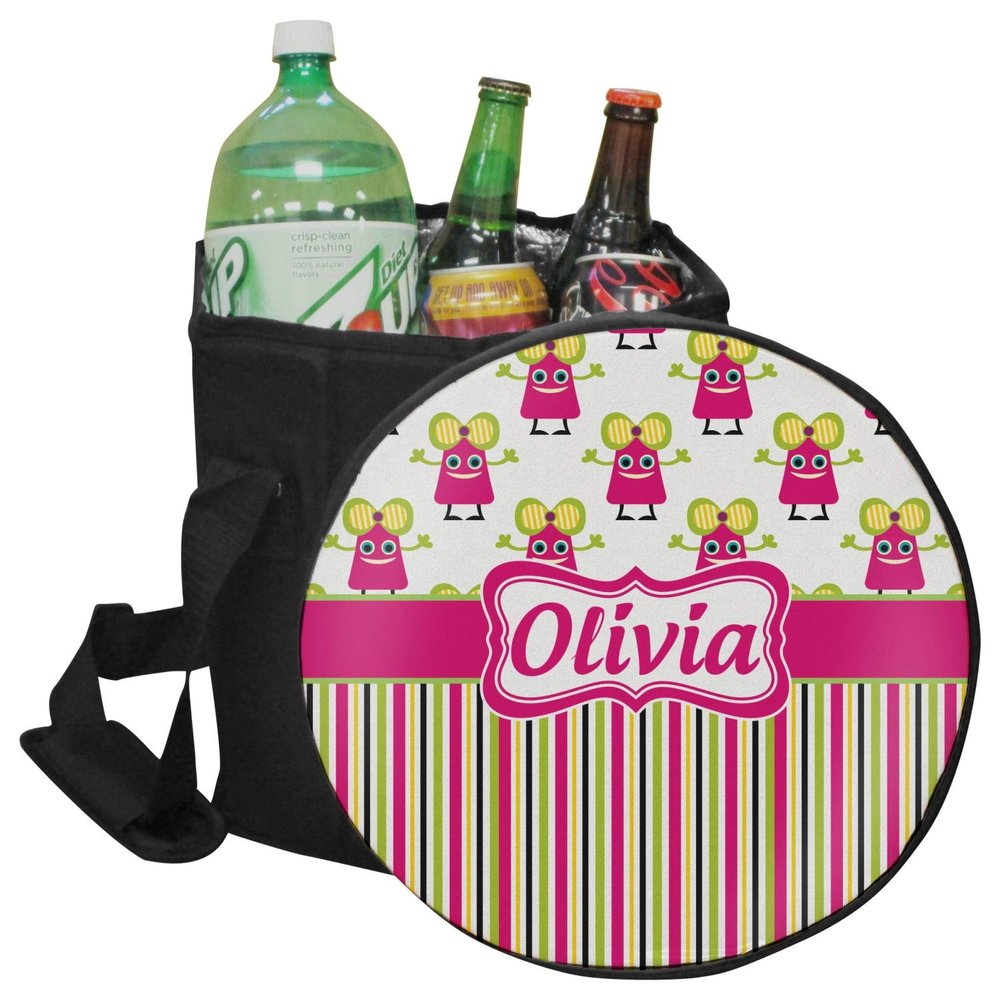 YouCustomizeIt Personalized Pink Monsters & Stripes Collapsible Cooler & Seat