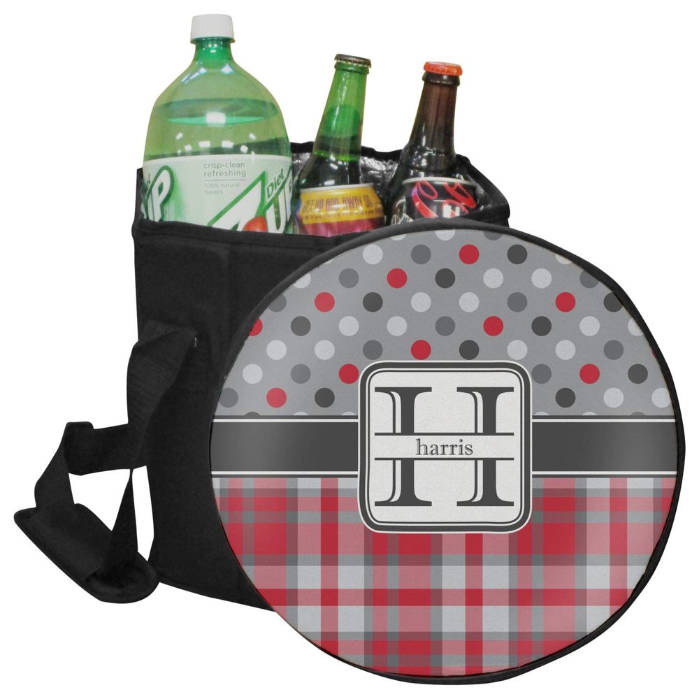 YouCustomizeIt Personalized Red & Gray Dots and Plaid Collapsible Cooler & Seat
