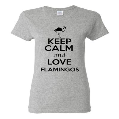 Ladies Keep Calm and Love Flamingos Animal Lover T-Shirt Tee (Medium, Sports Gray w/Black)