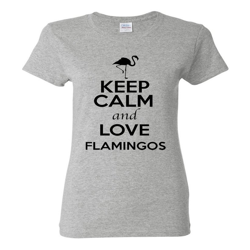 Ladies Keep Calm and Love Flamingos Animal Lover T-Shirt Tee (Medium, Sports Gray w/Black)