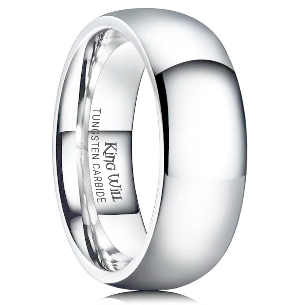 King Will 8mm Tungsten Carbide Wedding Band for Men Women Classic Promise Engagement Rings for Couples Domed Style High Polish Finished Comfort Fit, Silver Size 7.5