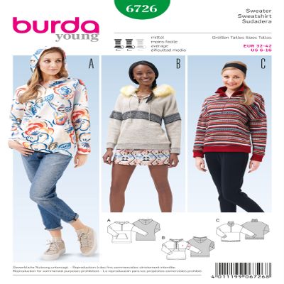 Burda Young 6726 Sweatshirt Sizes 6-16