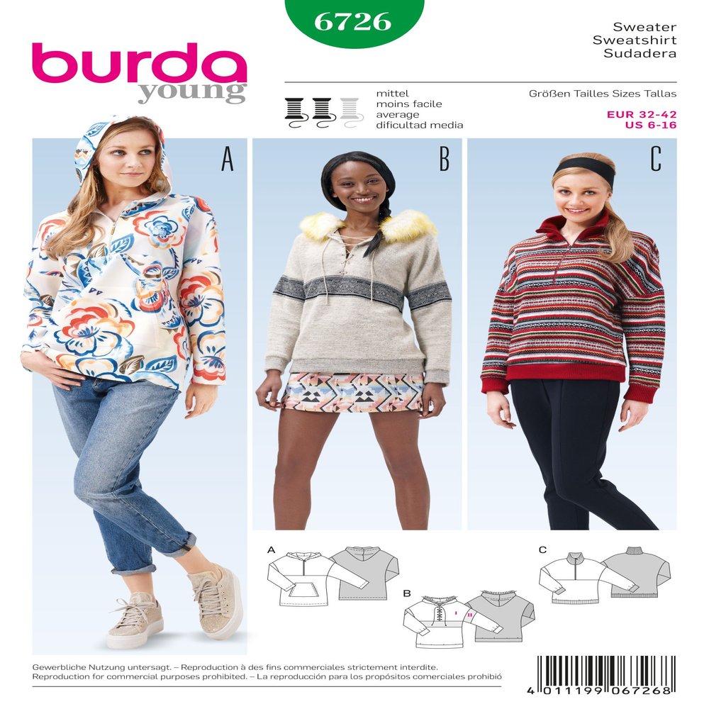 Burda Young 6726 Sweatshirt Sizes 6-16