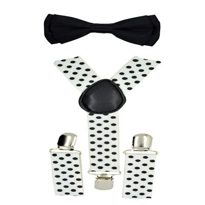 CUTE Baby Toddler Kids Children Boys"White" Polka Dot Elastic Suspender &"Black" Plain Bow Tie Set