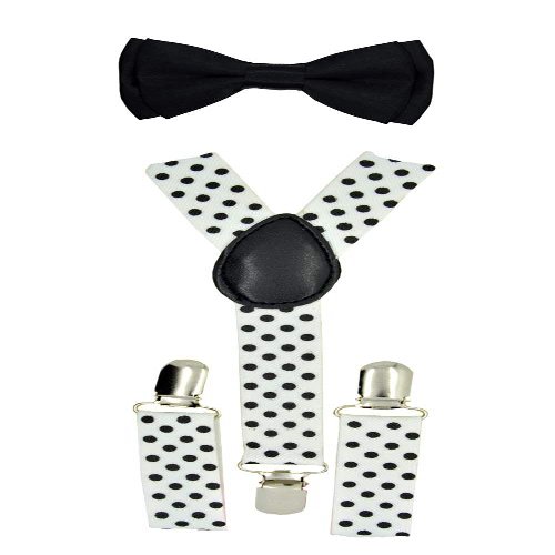 CUTE Baby Toddler Kids Children Boys"White" Polka Dot Elastic Suspender &"Black" Plain Bow Tie Set