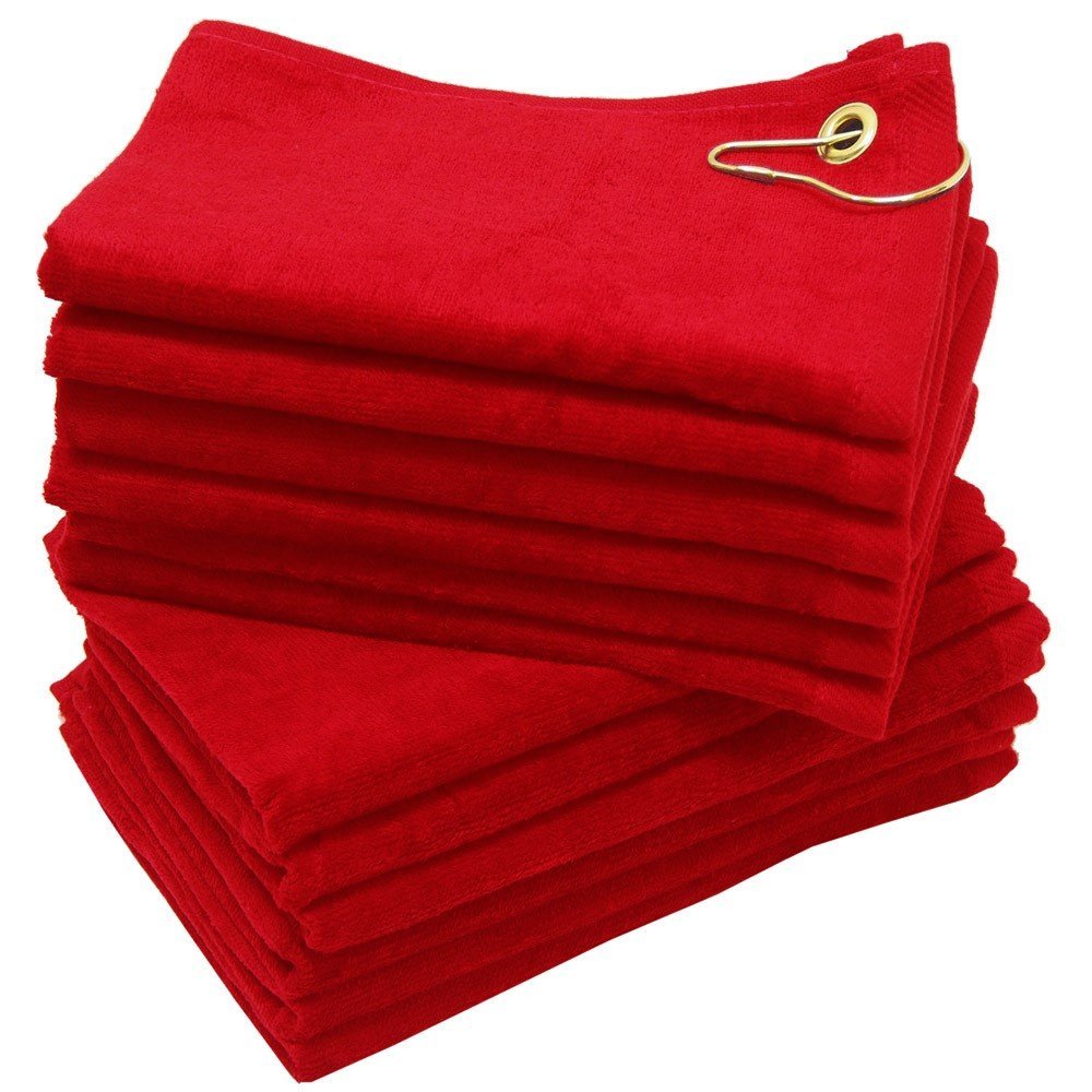 Finger Touch - 12 Pack Golf Towels - Red - 11x18 - Corner Grommet & Hook