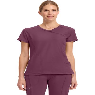 Cherokee Infinity Womens Mock Wrap Scrub Top, 4 Pockets, Rib-Knit Panel, Moisture-Wicking 360 Stretch - 2625A, L, Wine