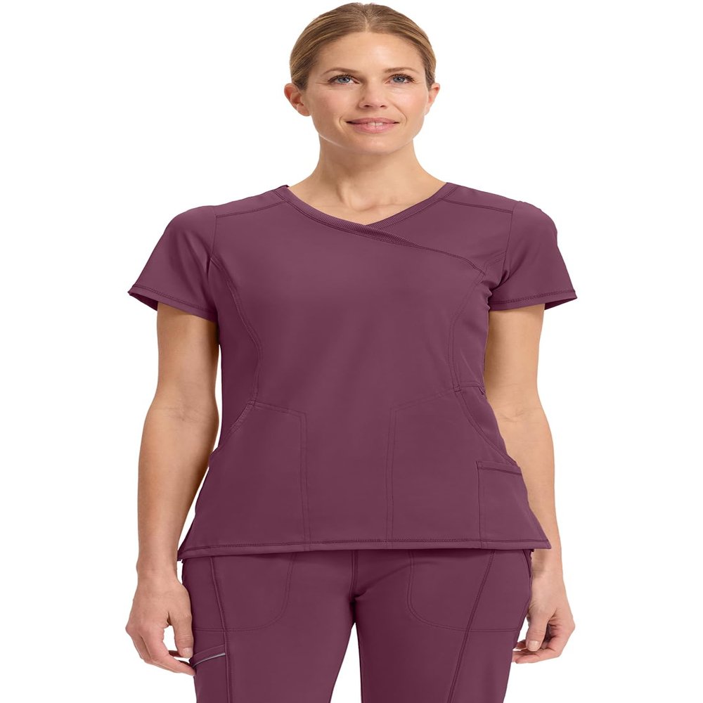 Cherokee Infinity Womens Mock Wrap Scrub Top, 4 Pockets, Rib-Knit Panel, Moisture-Wicking 360 Stretch - 2625A, L, Wine